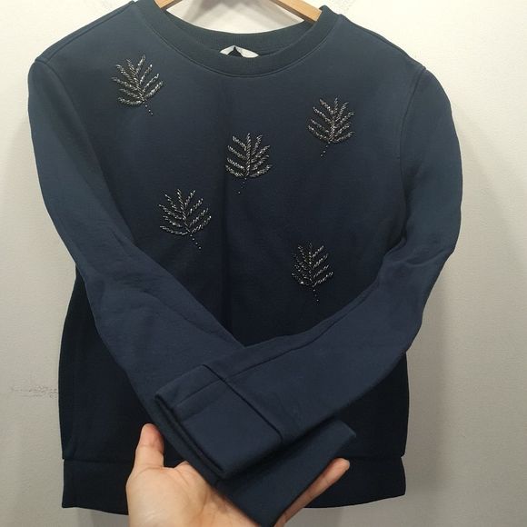 H&M Navy Blue Beaded Longsleeves Crewneck Sweatshirt Women's Size S - Picture 6 of 16